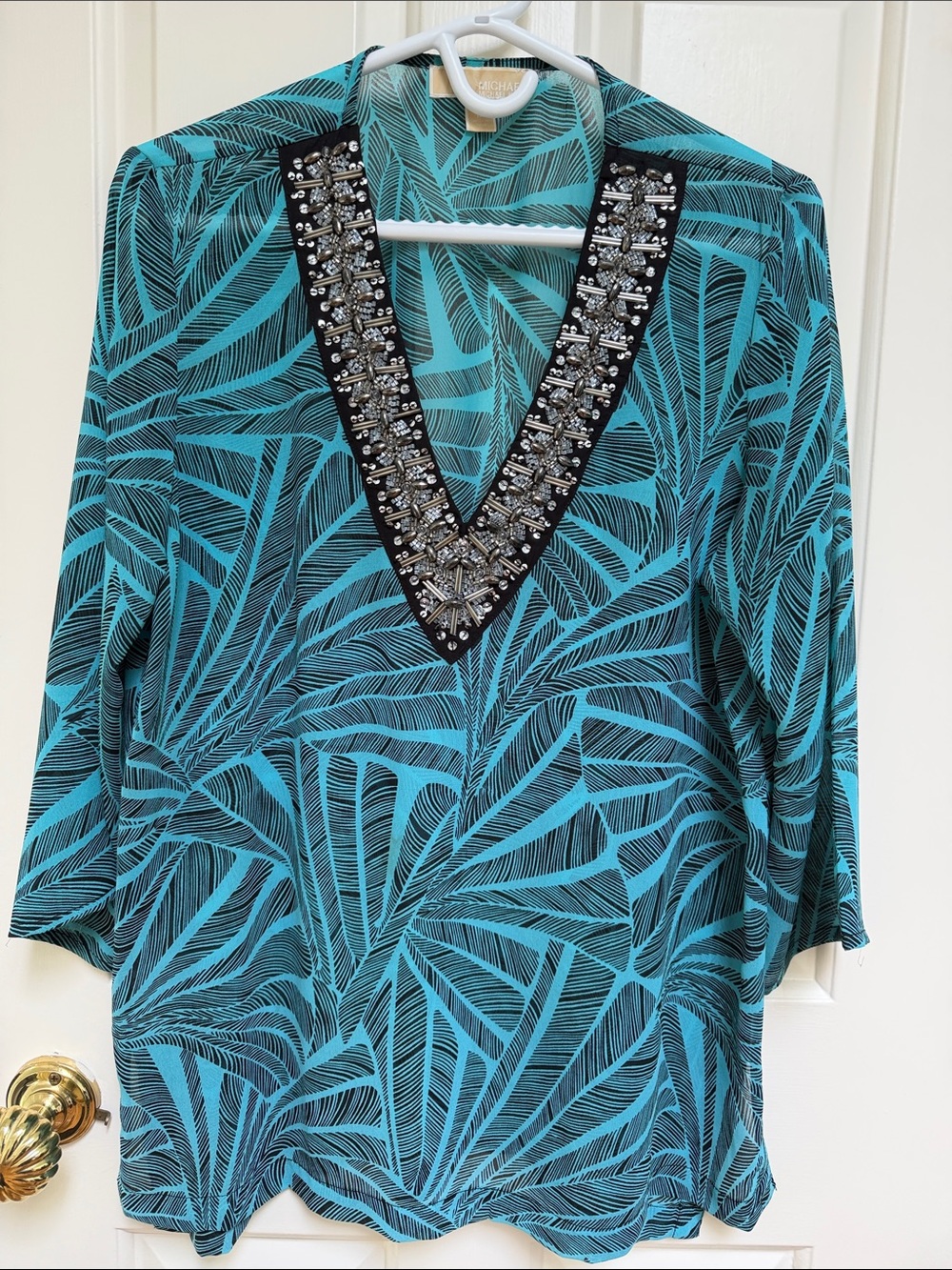 MICHAEL Michael Kors sz M Tropical Dark Teal Black Tunic w Bling Beaded Collar
